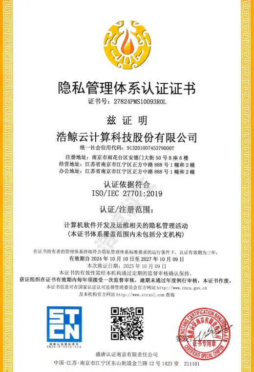 隐私管理体系认证证书